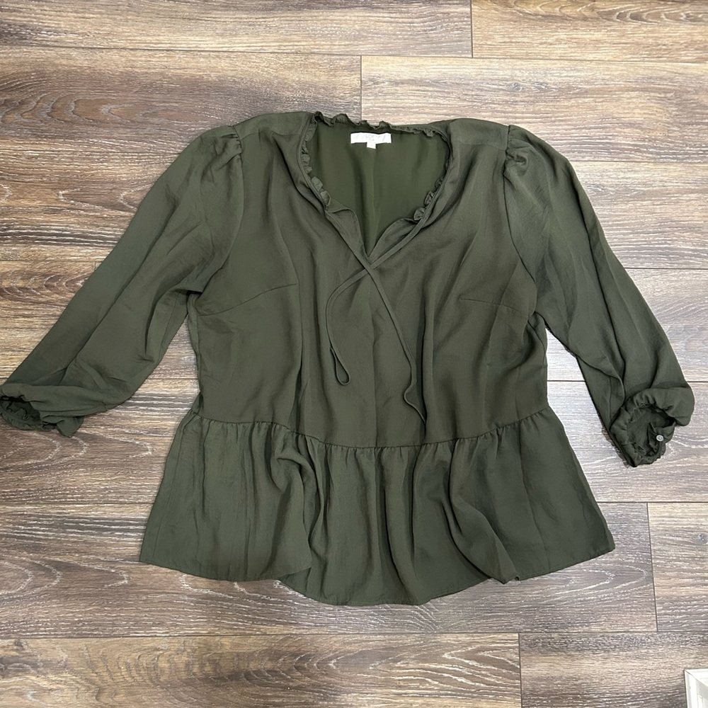 Olive Green LOFT Long Sleeve Blouse - Size 22
